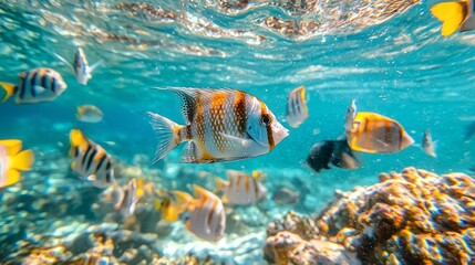 Fototapeta premium Amidst clear turquoise waters, a mesmerizing school of silver fish dances under shimmering sunlight. Coral reefs create a vibrant backdrop as the aquatic community thrives in harmony