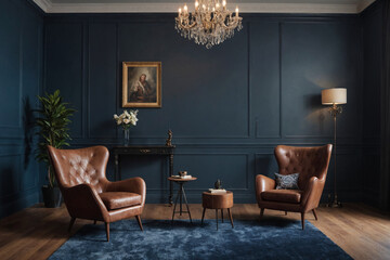 Vintage old room with leather armchair and wooden flooring in classic style and a lot of suitcases with blue wall. Copy space. Vogue and luxury.