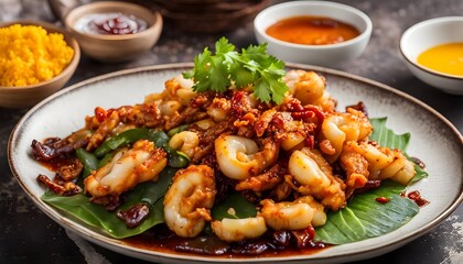 Fototapeta premium Stir-fried squid with roasted chili paste, salt egg yolk - Asian food style 