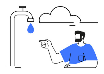 Cloud, water tap with droplet, pointing man in blue shirt. Ideal for water conservation, environmental sustainability, climate change, ecological impact, resource management, awareness campaigns