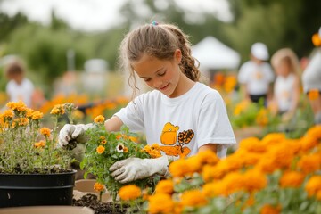 A community garden in a dense urban neighborhood, with children and adults working together to plant and water vegetables