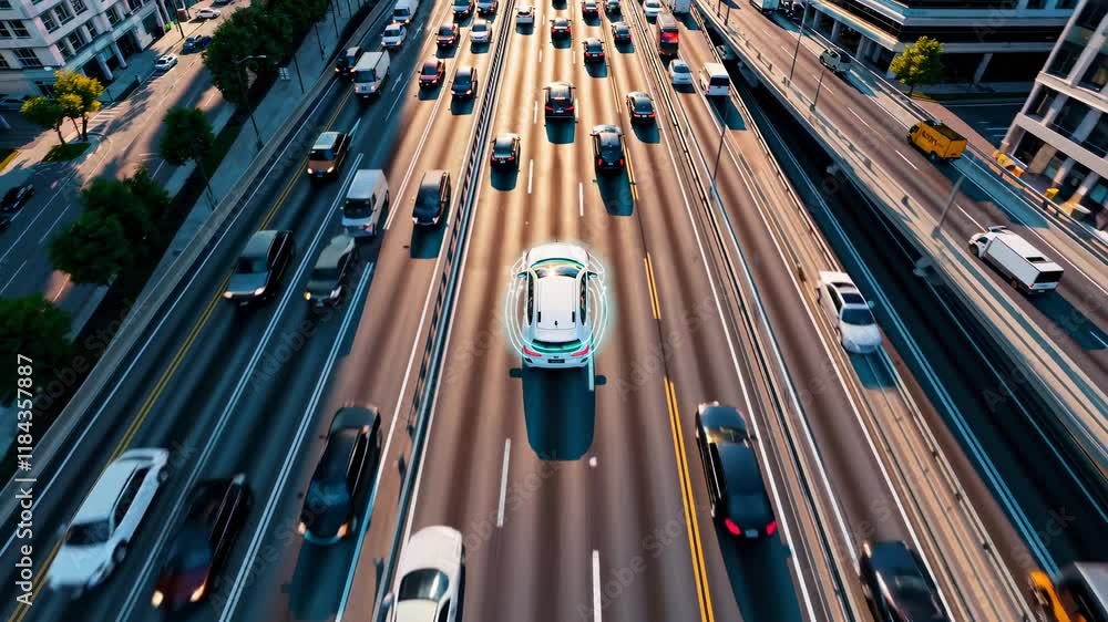 Poster traffic flows during late afternoon in a busy urban area with vehicles traveling on multiple lanes