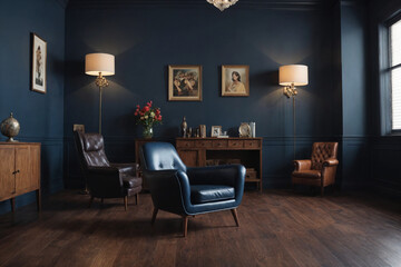 Fototapeta premium Vintage old room with leather armchair and wooden flooring in classic style and a lot of suitcases with blue wall. Copy space. Vogue and luxury.