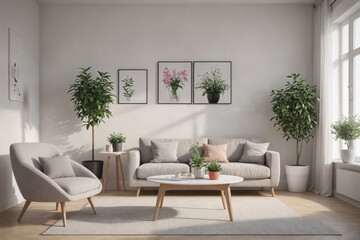 Modern concept of home white interior with design couch, sofa, armchair, coffee table, plants, carpet and personal accessoreis. Stylish home decor of living room.