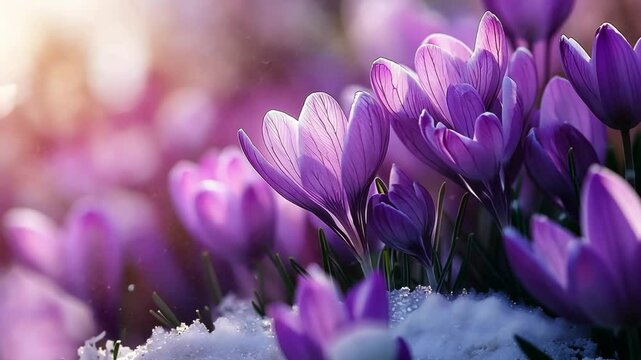 Vibrant crocus flowers blooming in spring sunlight with a touch of snow in the background