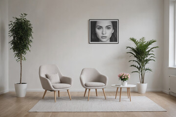 Modern concept of home white interior with design couch, sofa, armchair, coffee table, plants, carpet and personal accessoreis. Stylish home decor of living room.