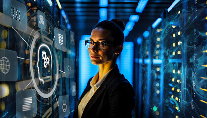 Businesswoman use data mining technology on virtual screen. Artificial intelligence achine learning