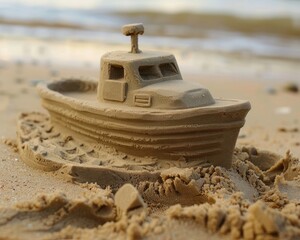 Sculpture of the motor boat from the sand on the beach