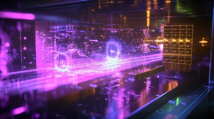 Obraz premium Quantum photonic computer in action, with quantum light particles interacting in quantum circuits for advanced calculations