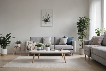 Modern concept of home white interior with design couch, sofa, armchair, coffee table, plants, carpet and personal accessoreis. Stylish home decor of living room.