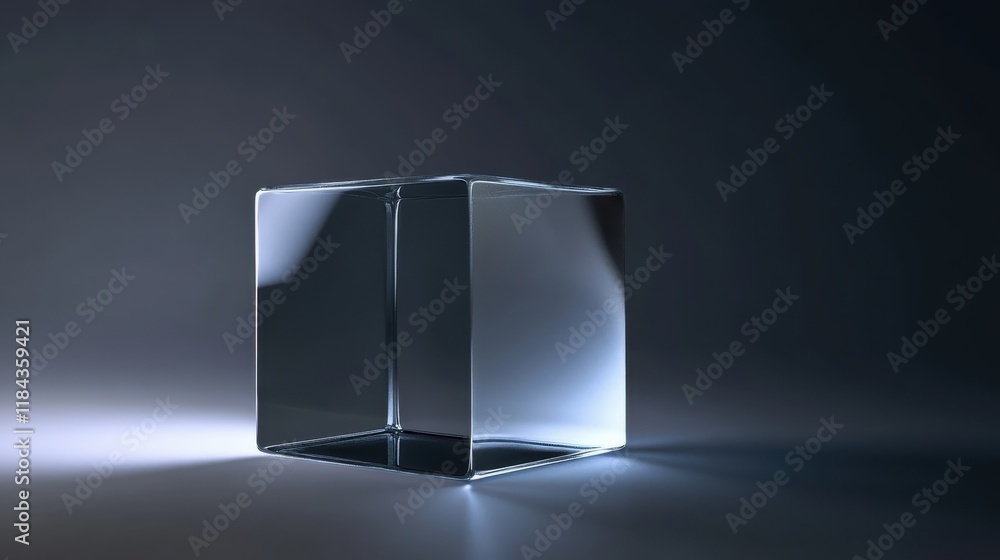 Poster transparent glass cube with illuminated edges on a dark gradient background