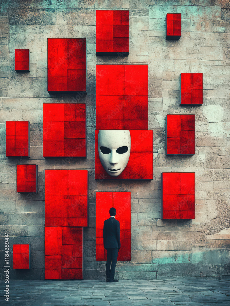 Poster serial killer, a high-fidelity image of a masked figure navigating a red labyrinth, showcasing intri