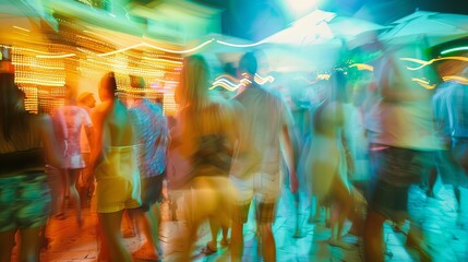 Abstract motion blur of people at a party in ibiza. Blurred motion, abstract background. Young people in club dancing. Blurry night club