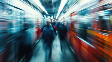 Abstract motion blur of people in the subway. Blurred motion, abstract background. The hectic daily life of modern man