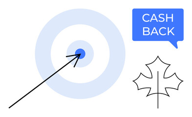 Bullseye with an arrow hitting the center, speech bubble with Cash Back text, and an outlined leaf. Ideal for financial goals, savings, achievements, rewards, economic strategies, precision