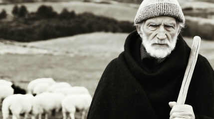Elderly Caucasian man in rural landscape with sheep wearing traditional clothing and holding a staff