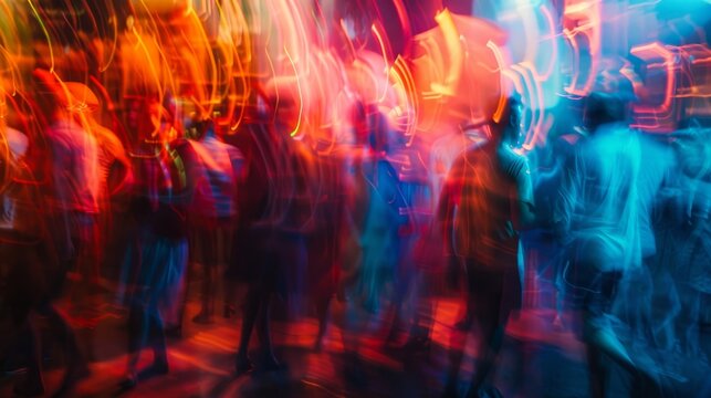 Abstract motion blur of people at a party in ibiza. Blurred motion, abstract background. Young people in club dancing. Blurry night club