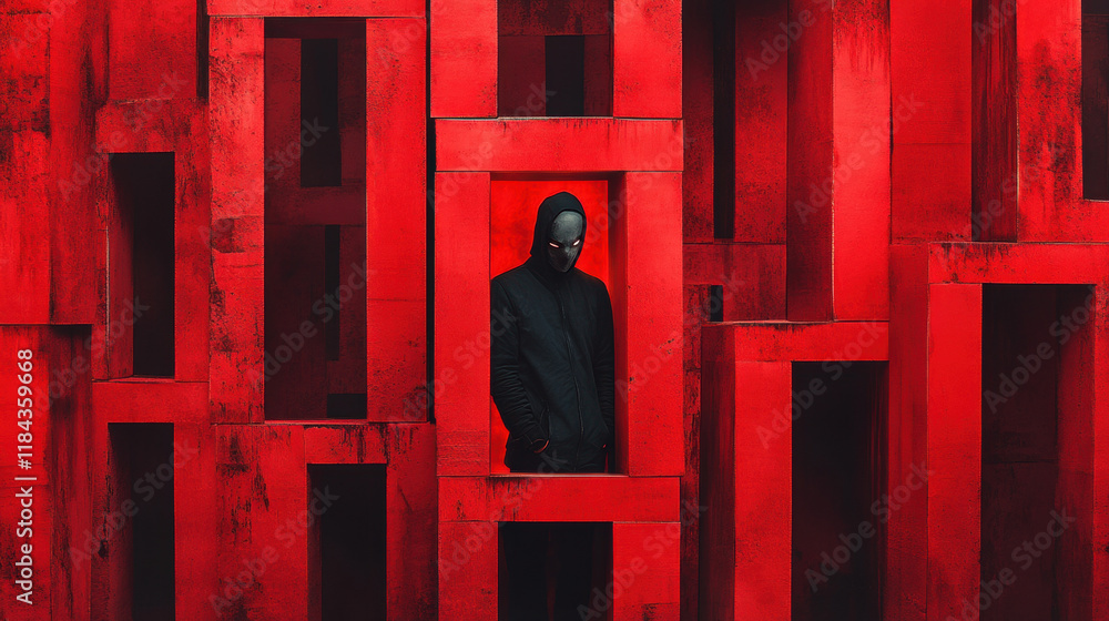 Poster serial killer, a high-fidelity image featuring a masked figure standing in a red labyrinth, ideal fo