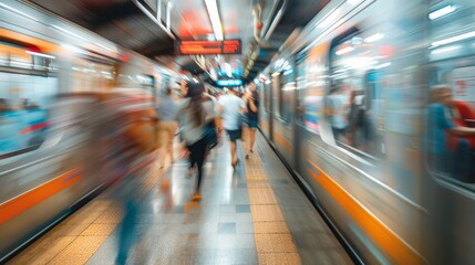 Obraz premium Abstract motion blur of people in the subway. Blurred motion, abstract background. The hectic daily life of modern man