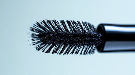 Black mascara brush closeup on light background. Essential for beauty expertise and makeup artistry.