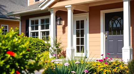 A tan house with white columns and trim features a dark gray front door with a window insert.  Landscaped flowerbeds are in the foreground, and a portion of a neighboring house is visible.