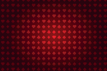 Red background with card suits. Picture of spades, hearts, diamonds, clubs. Casino background.