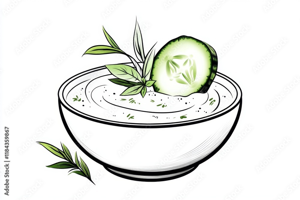 Poster a simple line art illustration of a bowl of tzatziki with a single cucumber slice as garnish, drawn 