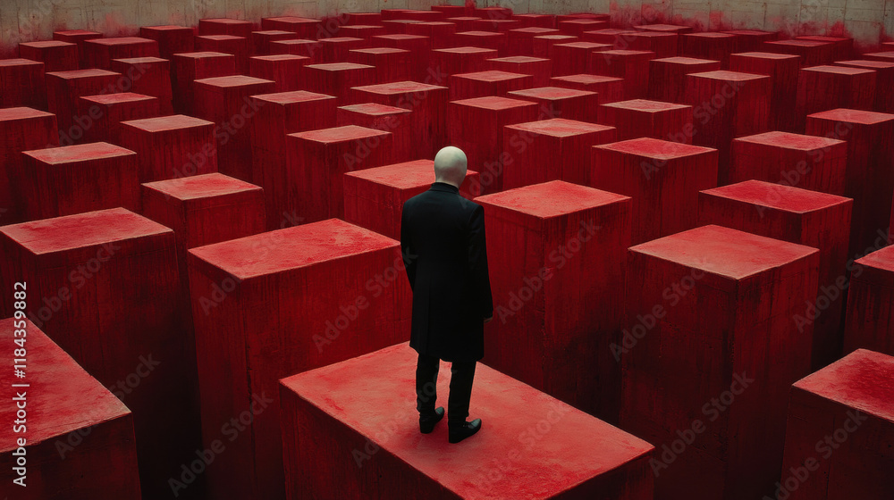 Poster serial killer, a high-fidelity image of a masked figure navigating a labyrinth, showcasing intricate