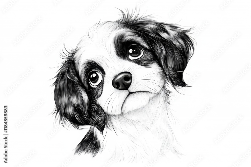 Poster a simple line art illustration of a shih tzu puppy sitting with its head tilted, drawn with clean bl