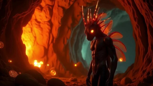 A xeno creature, with a blend of insectoid and mammalian traits, standing in a bioluminescent cave