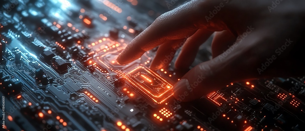 Aufkleber internet of things iot concept, person touching digital interface with circuit board elements, cutti