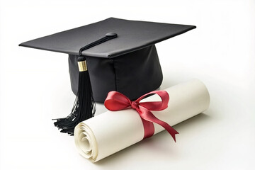 Elegant graduation cap with tassel positioned beside a rolled diploma tied with a red ribbon, symbolizing academic achievement and educational success.