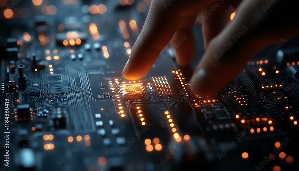 Poster person engaging with iot interface, digital circuit board patterns, software technology development 