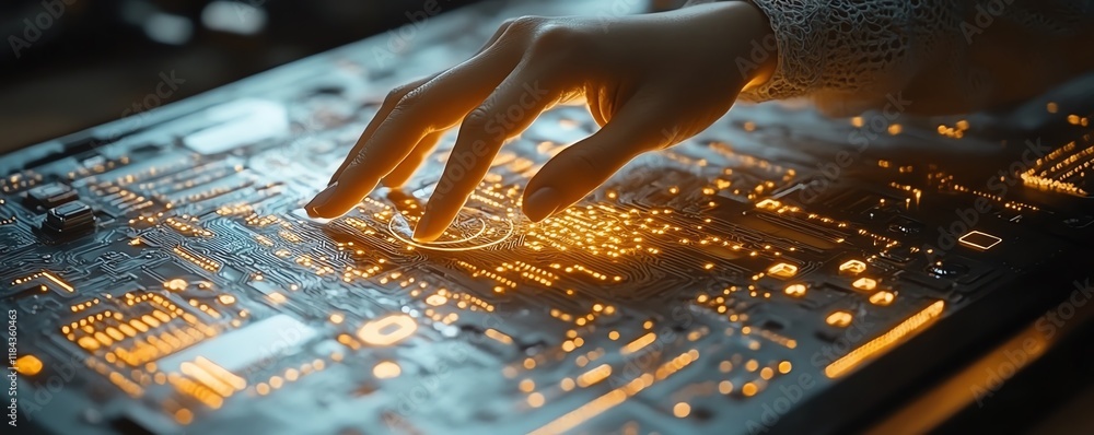 Poster person touching iot innovation interface, digital transformation with software technology, glowing c