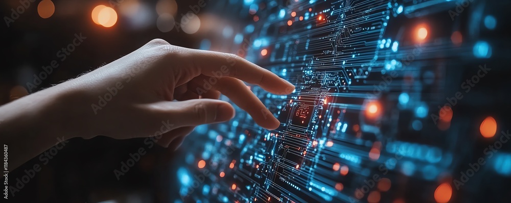 Poster person touching iot innovation interface, digital transformation with software technology, glowing c