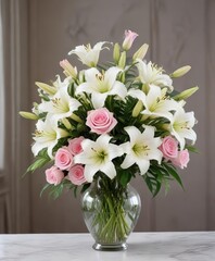 Fototapeta premium A beautiful arrangement of white lilies and pink roses in a elegant vase, Luxurious, White Lilies, Elegance