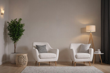 Modern retro concept of home interior at night with design sofa, armchair, coffee table, plants, carpet and personal accessoreis. Stylish home decor of living room.