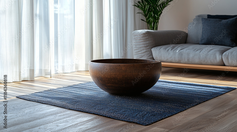 Poster A serene morning routine setup with meditation props fostering self-discipline Self-discipline Stock Photo with side copy space.
