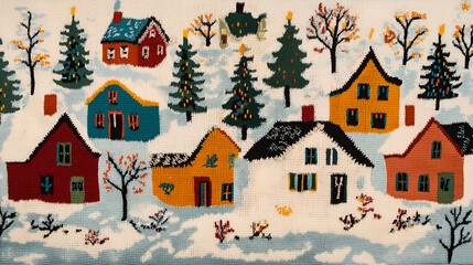 Fototapeta premium Village and Christmas Tree Knitting Pattern