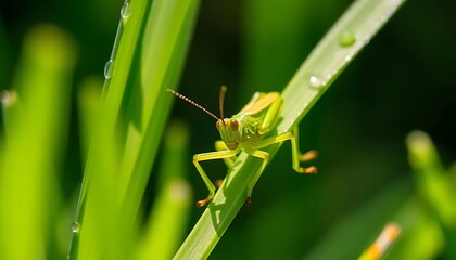Grasshopper on Dew-Kissed Blade: A Vibrant Macro Shot