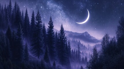A dark fairytale forest in shades of indigo and purple, with coniferous trees towering into the starlit sky. The crescent moon glows faintly, partially obscured by a mountain ridge.