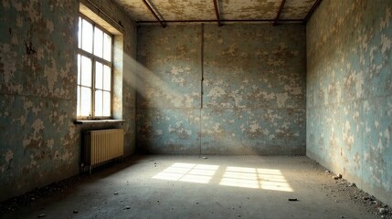 Sunbeam Illuminates Empty, Derelict Room with Peeling Paint