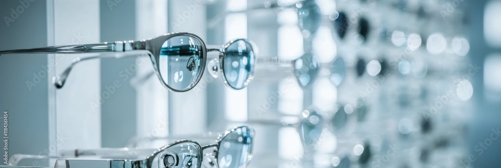 Poster close up view of a female eye wearing corrective glasses in a bright optical store setting. generati