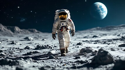 An astronaut walking on the moon and view of the Earth in background