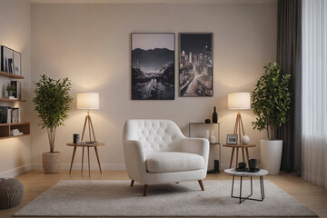 Modern retro concept of home interior at night with design sofa, armchair, coffee table, plants, carpet and personal accessoreis. Stylish home decor of living room.