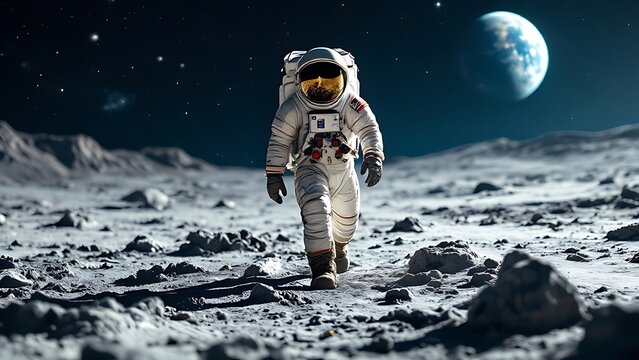 An astronaut walking on the moon and view of the Earth in background