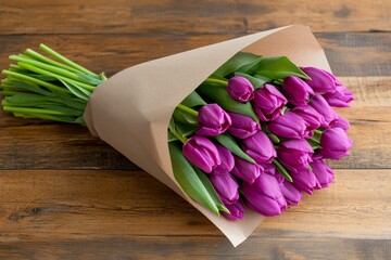 Beautiful bouquet of purple tulips wrapped in brown paper on wooden table