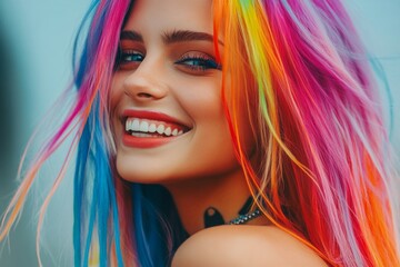 Fototapeta premium Long trim - multicolored hair. Stunning happy mixed-race girl - for ads, billboard and social platforms banner use. Commercial marketing visual idea. Vibrant colored hairstyles inspiration.