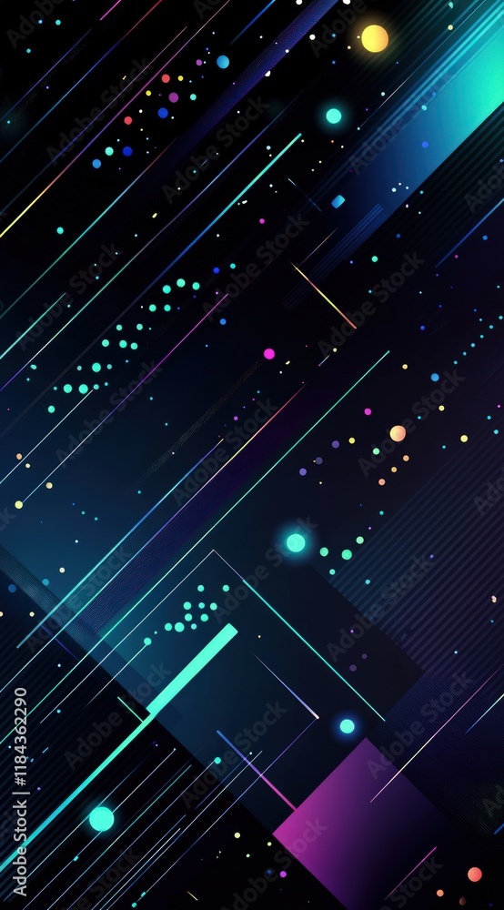 Poster abstract dark background with colorful neon lines and glowing particles.