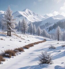 Obraz premium Snow-covered trees and hills in a winter landscape, trees, frosty, winter